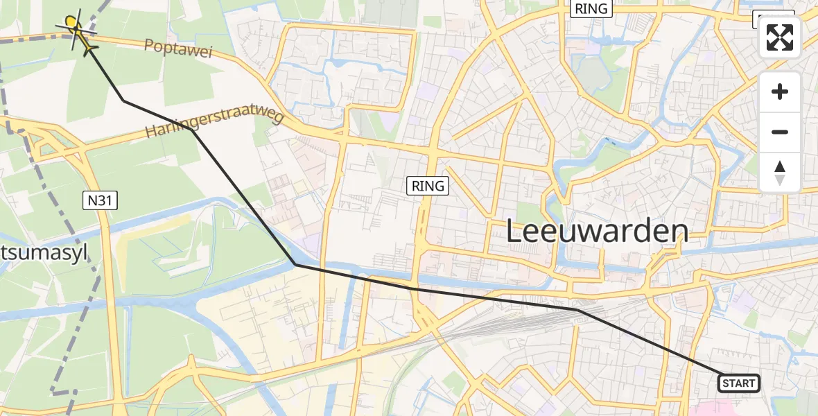 Vluchtroute Ambulancehelikopter van Leeuwarden naar Marsum