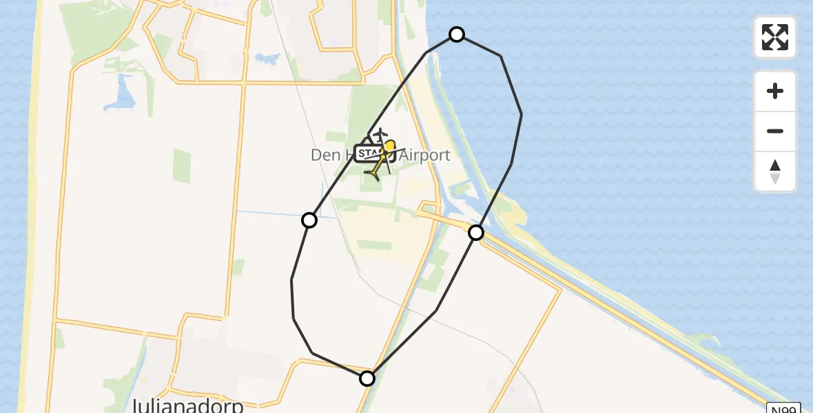 Routekaart van de vlucht: Kustwachthelikopter naar Vliegveld De Kooy, Oostoeverweg