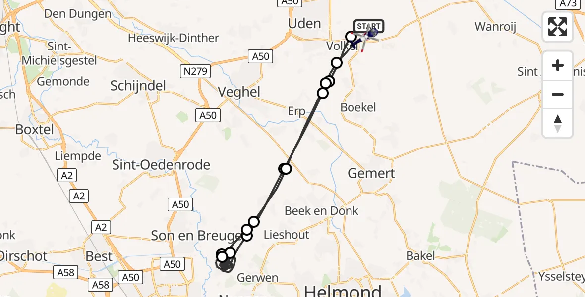 Vluchtroute Politiehelikopter van Vliegbasis Volkel naar Vliegbasis Volkel