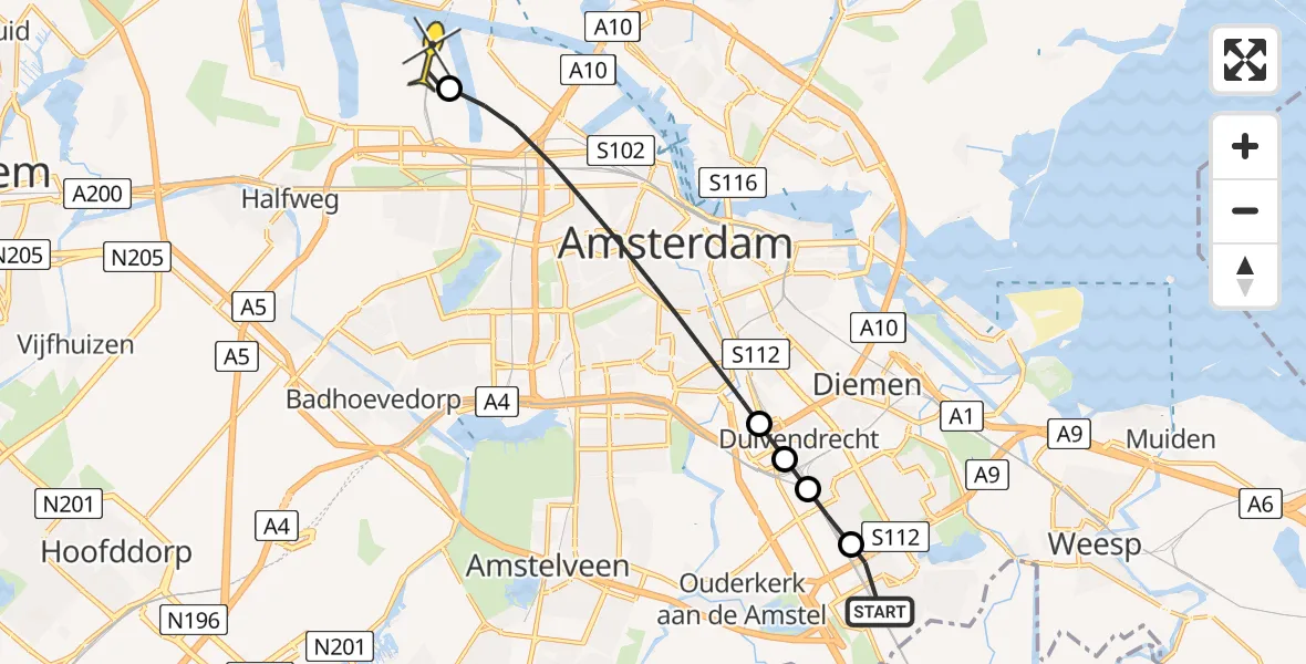 Routekaart van de vlucht: Lifeliner 1 naar Amsterdam Heliport, Gaasperdammerpad