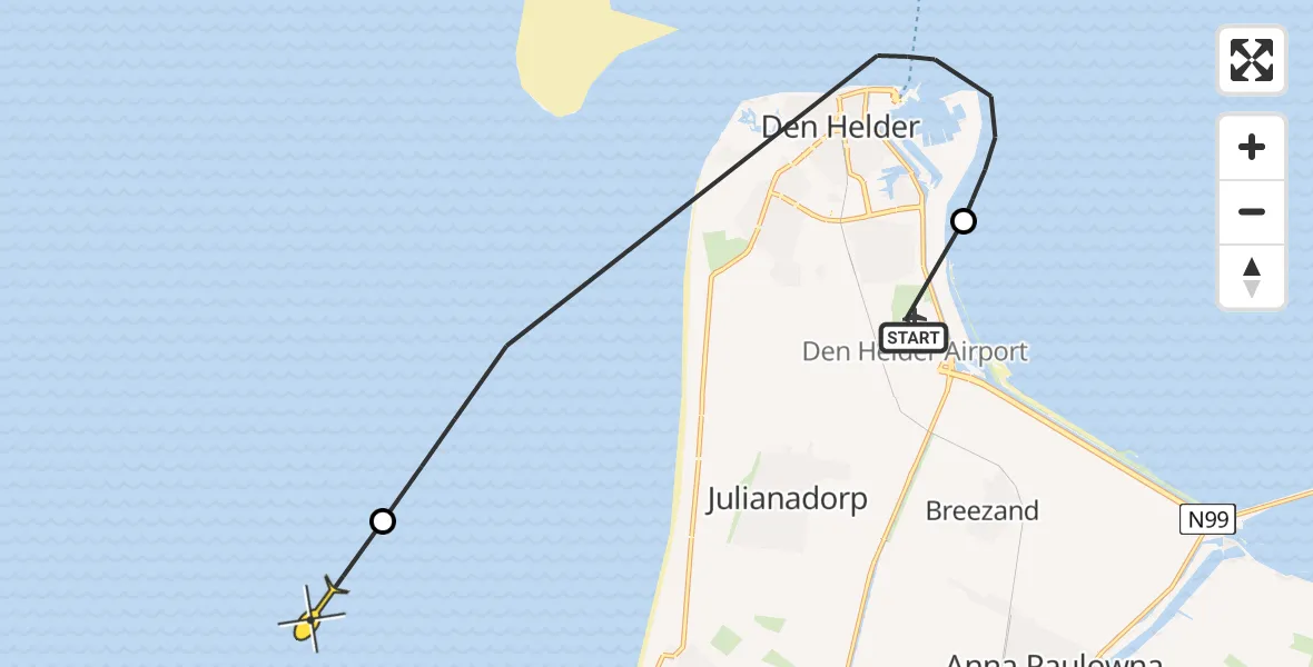 Routekaart van de vlucht: Kustwachthelikopter naar Oostoeverweg