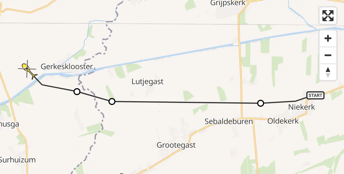 Routekaart van de vlucht: Ambulancehelikopter naar Gerkesklooster, Langewolderweg