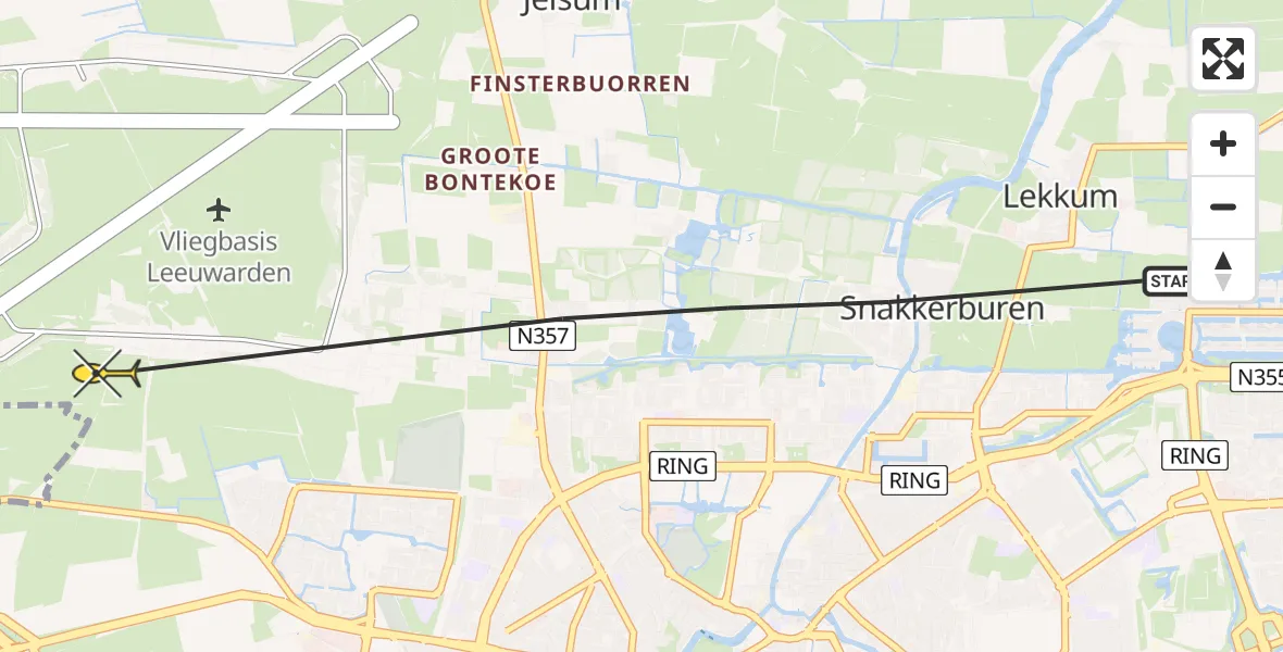 Vluchtroute Ambulancehelikopter van Leeuwarden naar Vliegbasis Leeuwarden