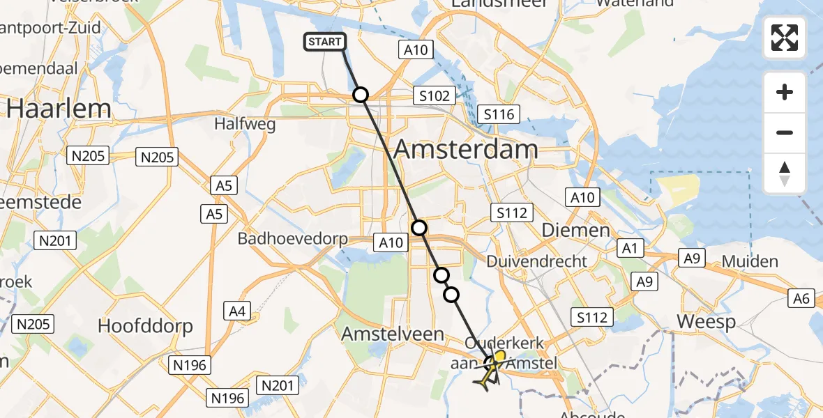 Routekaart van de vlucht: Lifeliner 1 naar Ouderkerk aan de Amstel, Westhaven