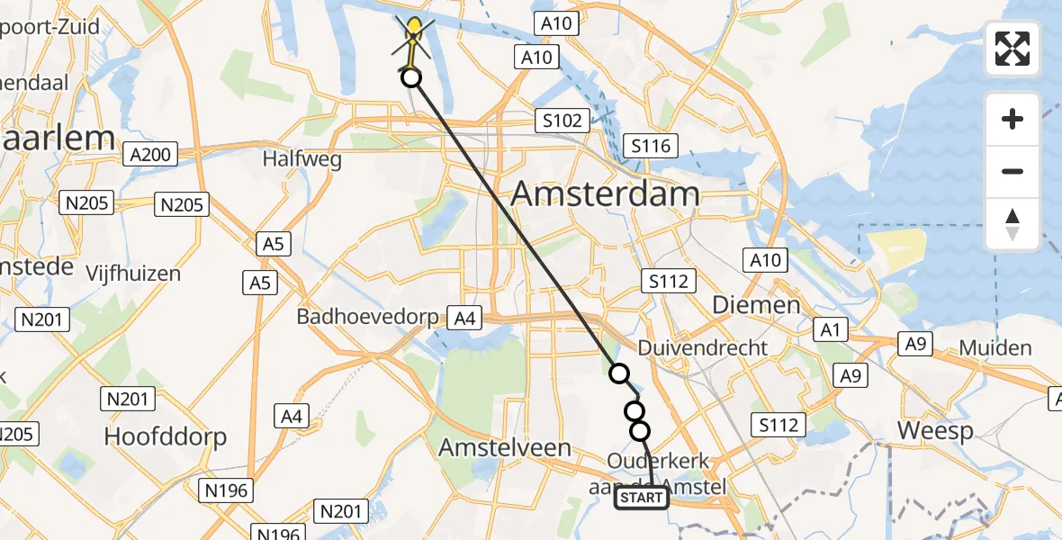 Routekaart van de vlucht: Lifeliner 1 naar Amsterdam Heliport, Laarzenpad