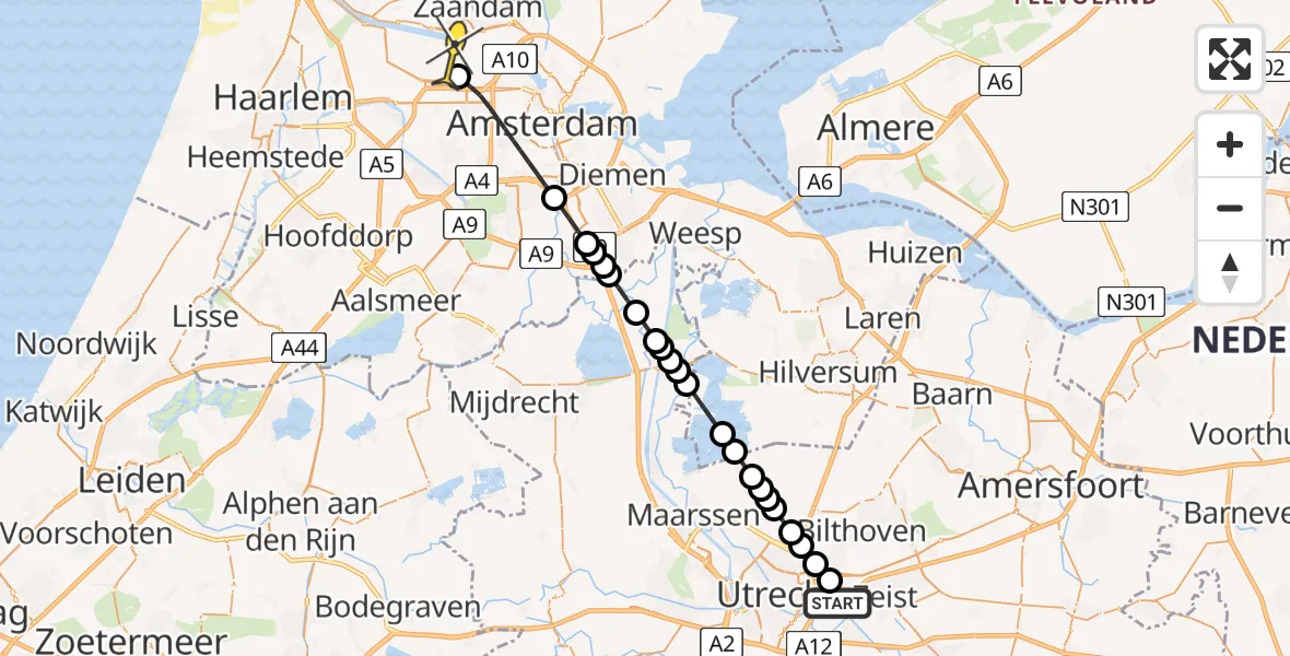 Routekaart van de vlucht: Lifeliner 1 naar Amsterdam Heliport, UMC Ambulancetunnel