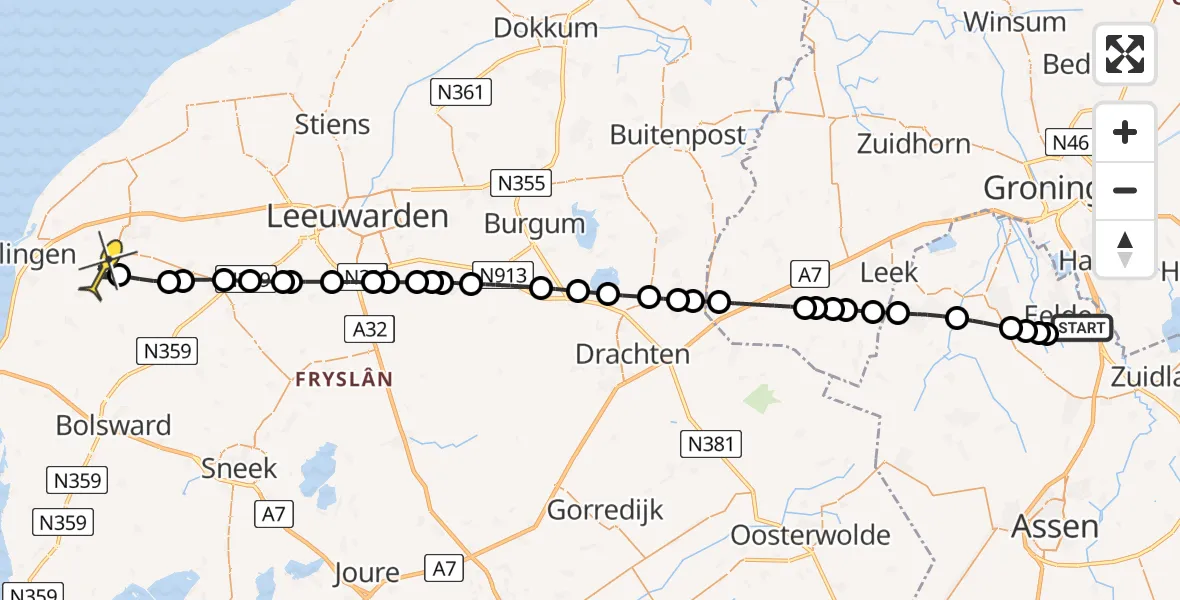 Routekaart van de vlucht: Lifeliner 4 naar Hitzum, Veldkampweg