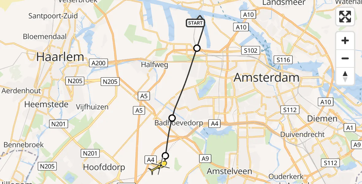 Routekaart van de vlucht: Lifeliner 1 naar Luchthaven Schiphol, Maltaweg