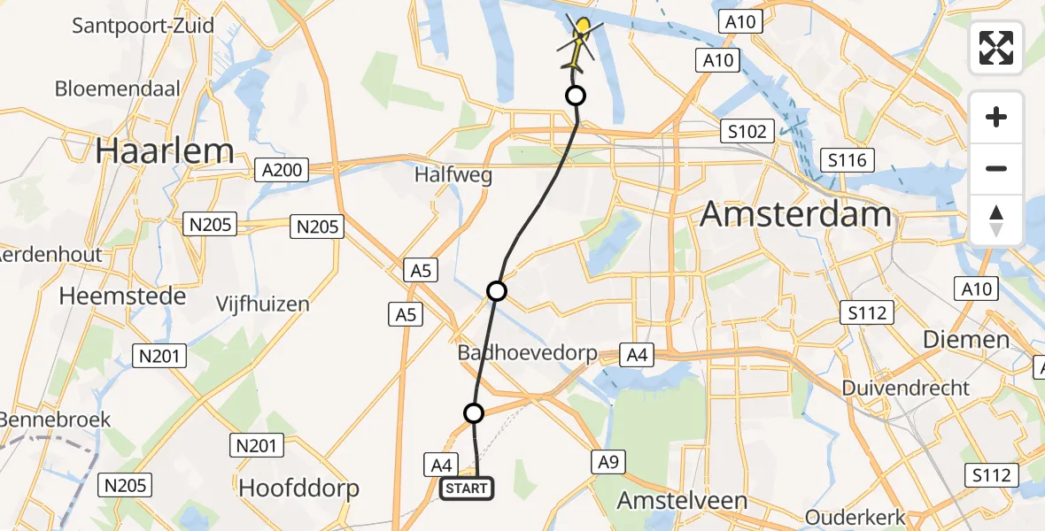 Routekaart van de vlucht: Lifeliner 1 naar Amsterdam Heliport, Ceintuurbaan