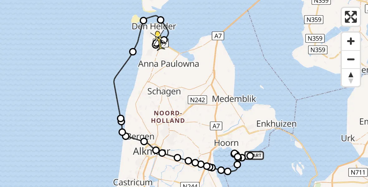 Routekaart van de vlucht: Kustwachthelikopter naar Vliegveld De Kooy, Oostwal