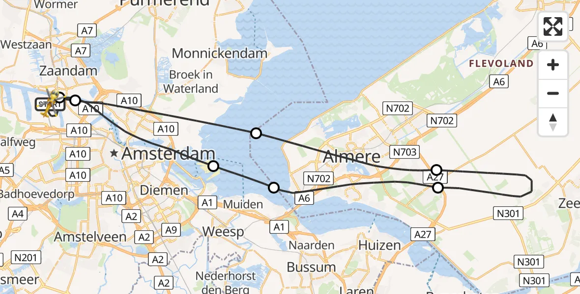 Vluchtroute Traumahelikopter van Amsterdam Heliport naar Amsterdam Heliport