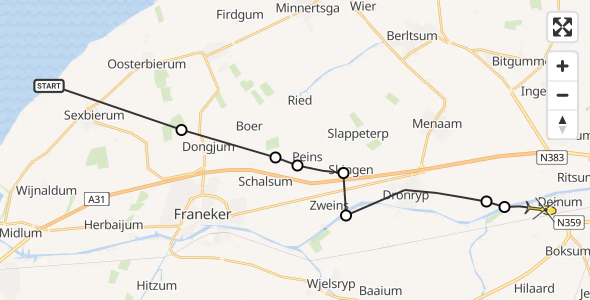 Routekaart van de vlucht: Ambulanceheli naar Deinum, Mûntsewei