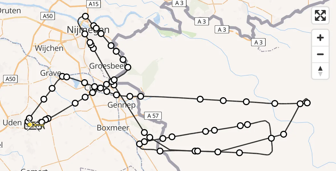 Routekaart van de vlucht: Politieheli naar Vliegbasis Volkel, Jagersveld