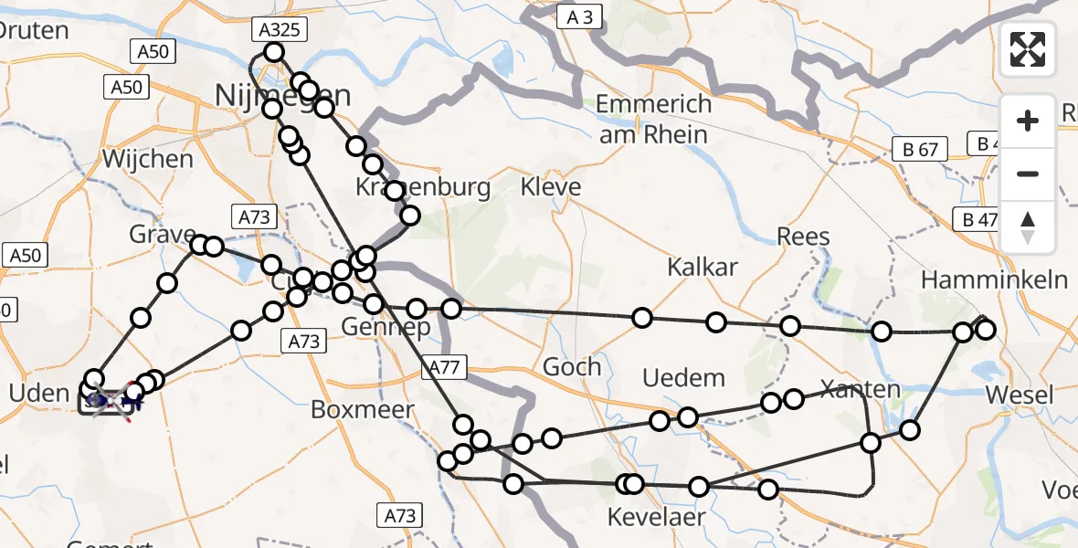 Vluchtroute Politiehelikopter van Vliegbasis Volkel naar Vliegbasis Volkel