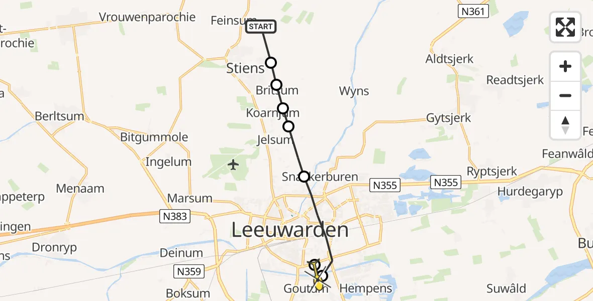 Routekaart van de vlucht: Ambulancehelikopter naar Leeuwarden, Eysingastrjitte