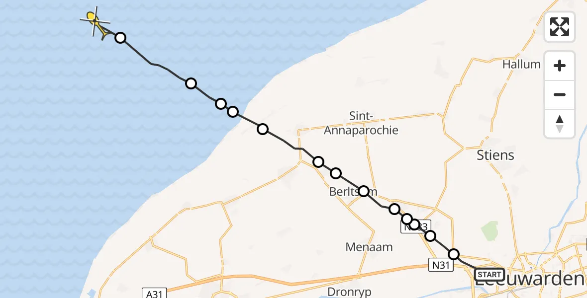Routekaart van de vlucht: Ambulanceheli naar Oosterend, Waadseewei
