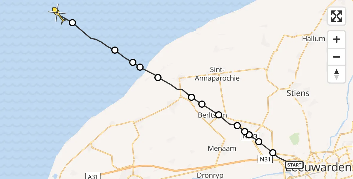 Routekaart van de vlucht: Ambulancehelikopter naar Oosterend, Waadseewei
