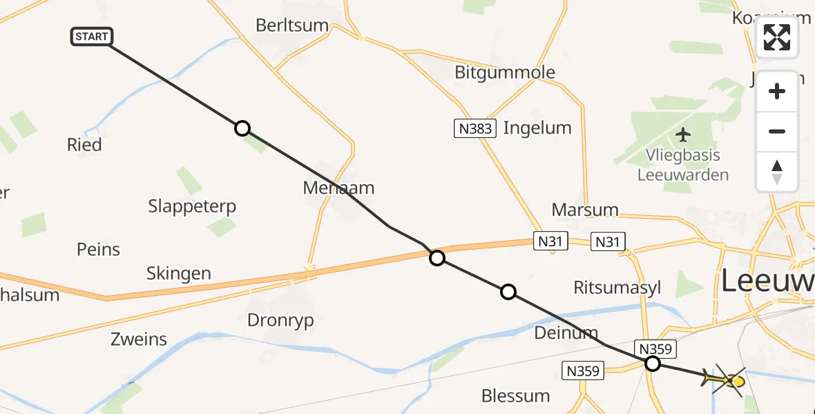 Routekaart van de vlucht: Ambulanceheli naar Leeuwarden, Botgoarre