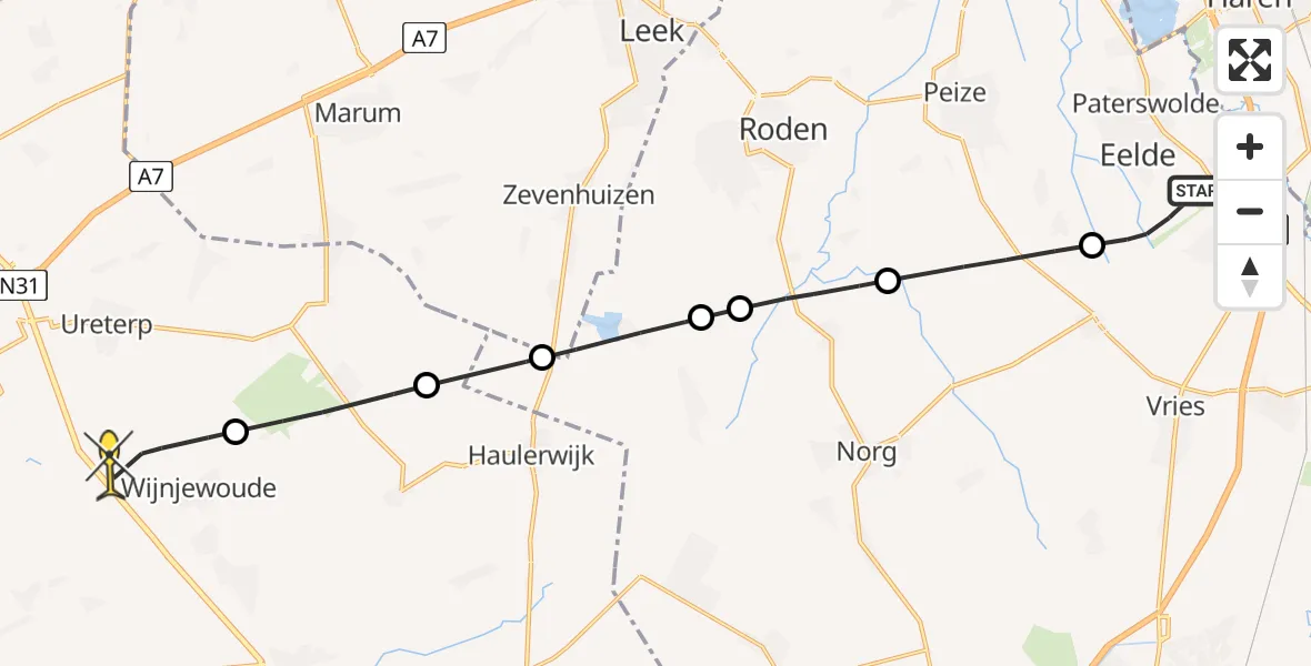 Routekaart van de vlucht: Lifeliner 4 naar Wijnjewoude, Veldkampweg