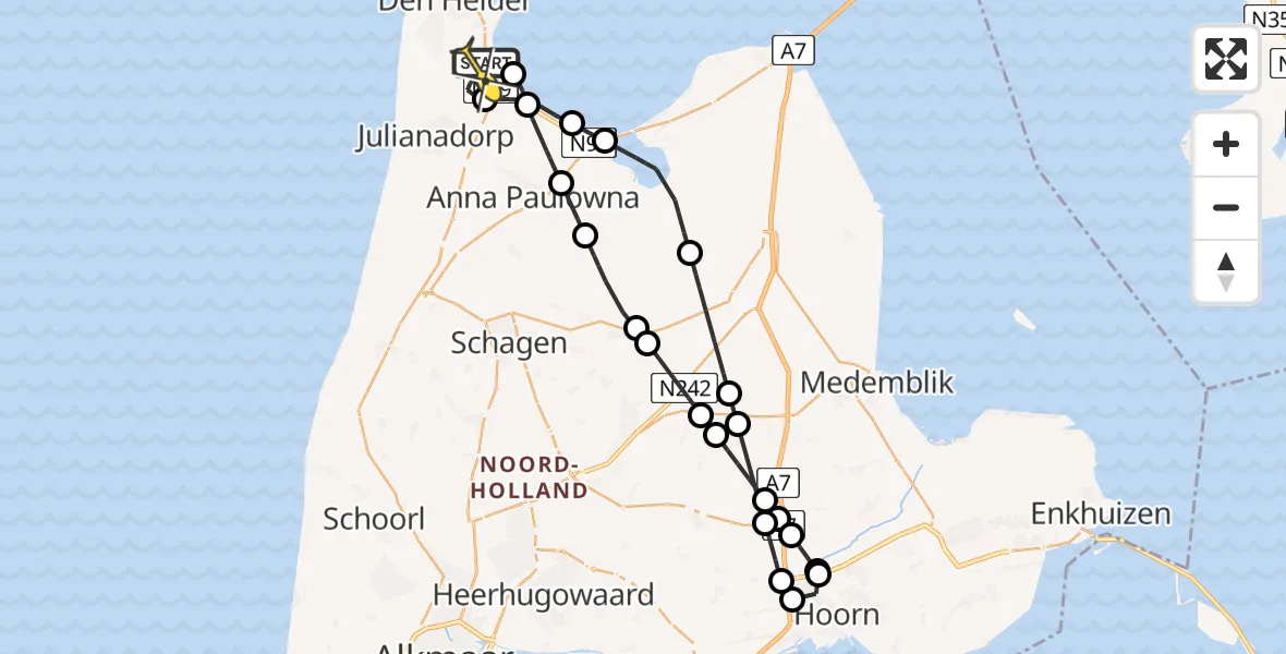 Routekaart van de vlucht: Kustwachthelikopter naar Vliegveld De Kooy, Oostoeverweg