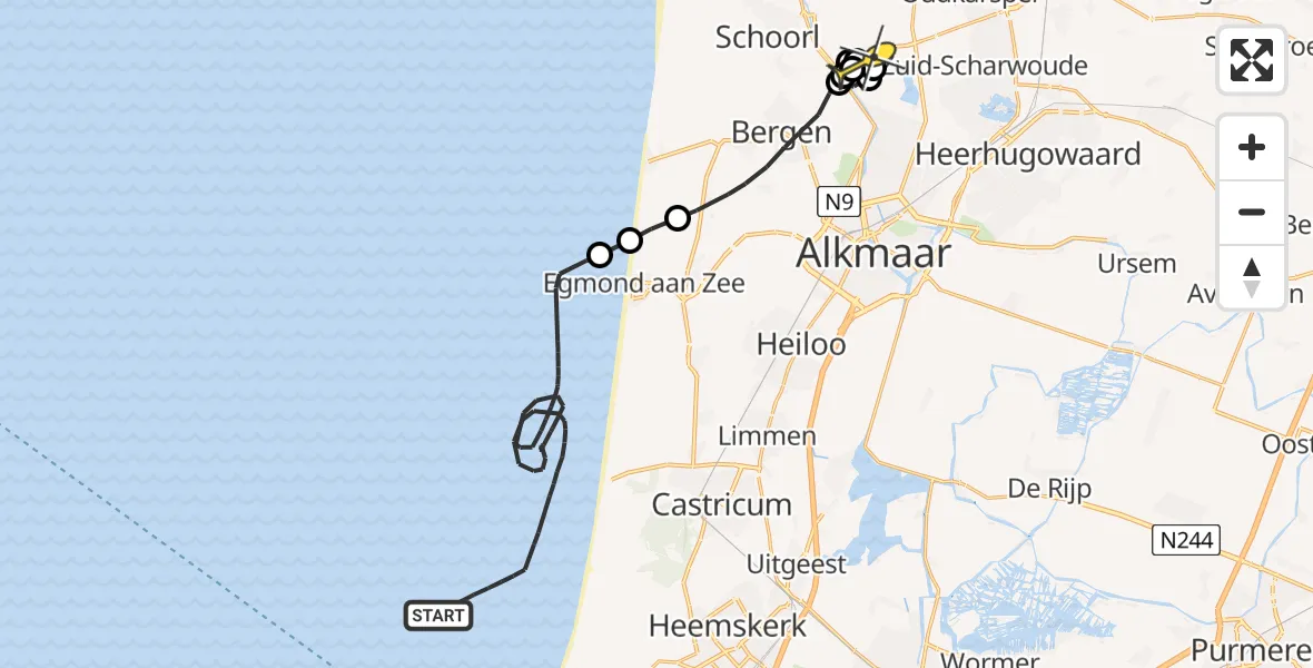 Routekaart van de vlucht: Kustwachthelikopter naar Oudkarspel, Wagenweg