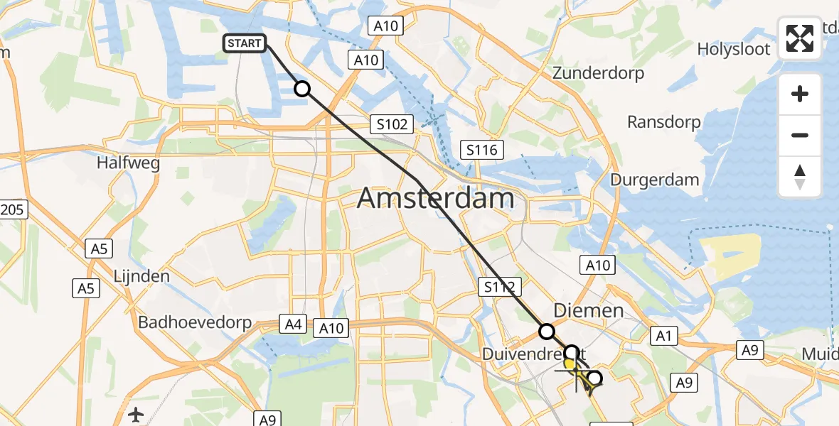 Routekaart van de vlucht: Lifeliner 1 naar Diemen, Westhavenweg