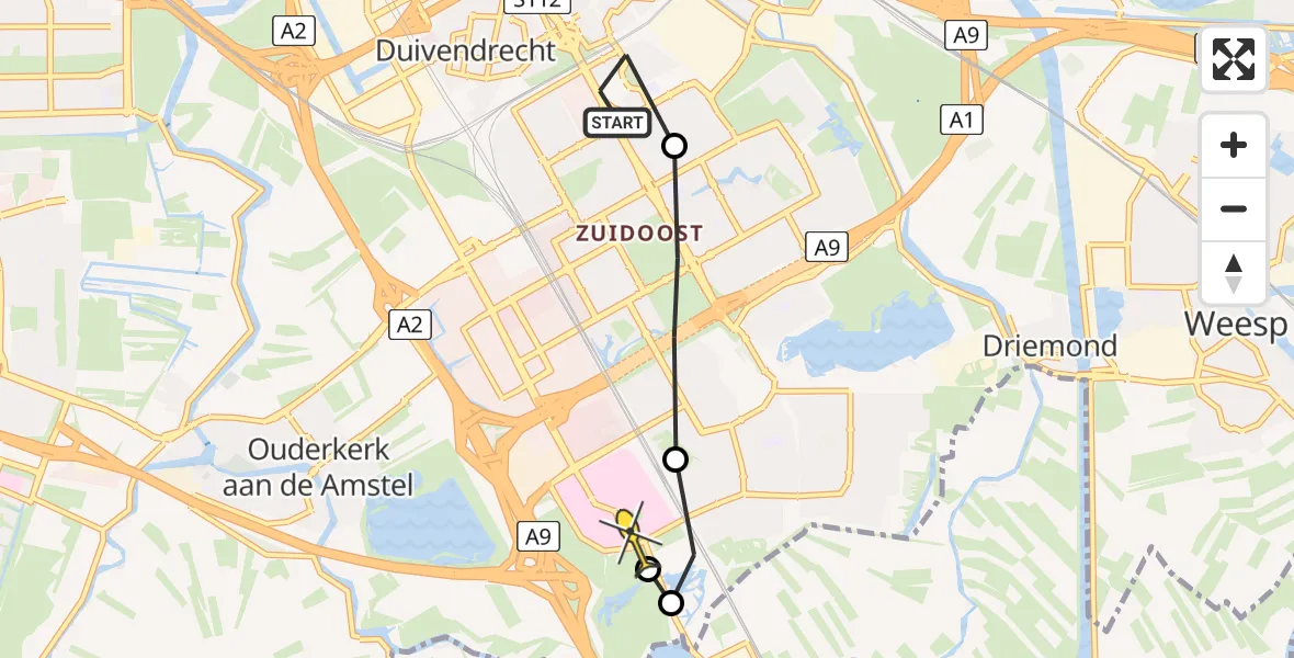 Routekaart van de vlucht: Lifeliner 1 naar Academisch Medisch Centrum (AMC), Emmeline Pankhurststraat