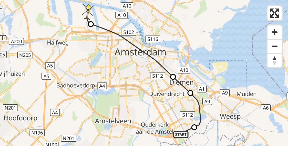 Routekaart van de vlucht: Lifeliner 1 naar Amsterdam Heliport, Soesterberghof