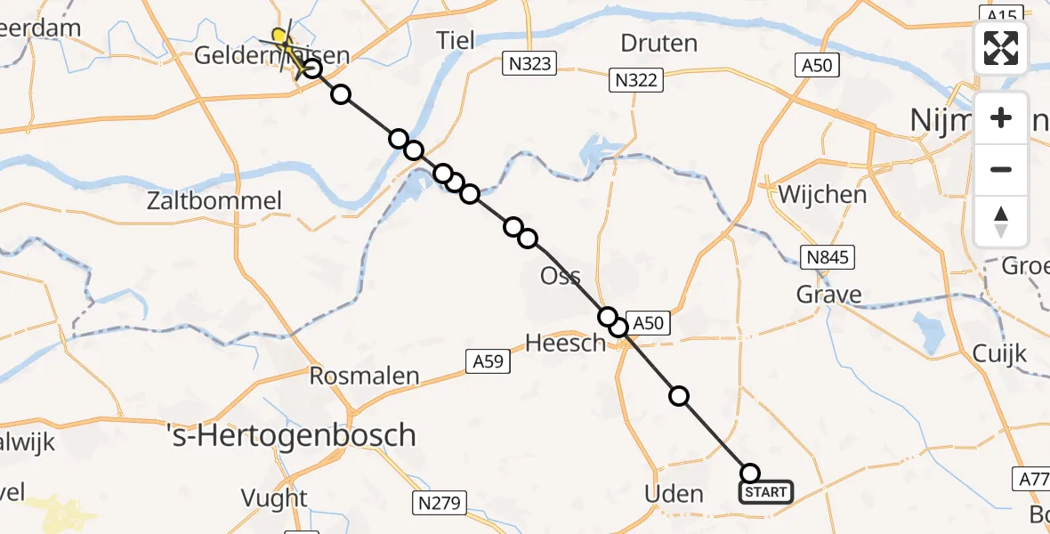 Routekaart van de vlucht: Lifeliner 3 naar Geldermalsen, De Bunders