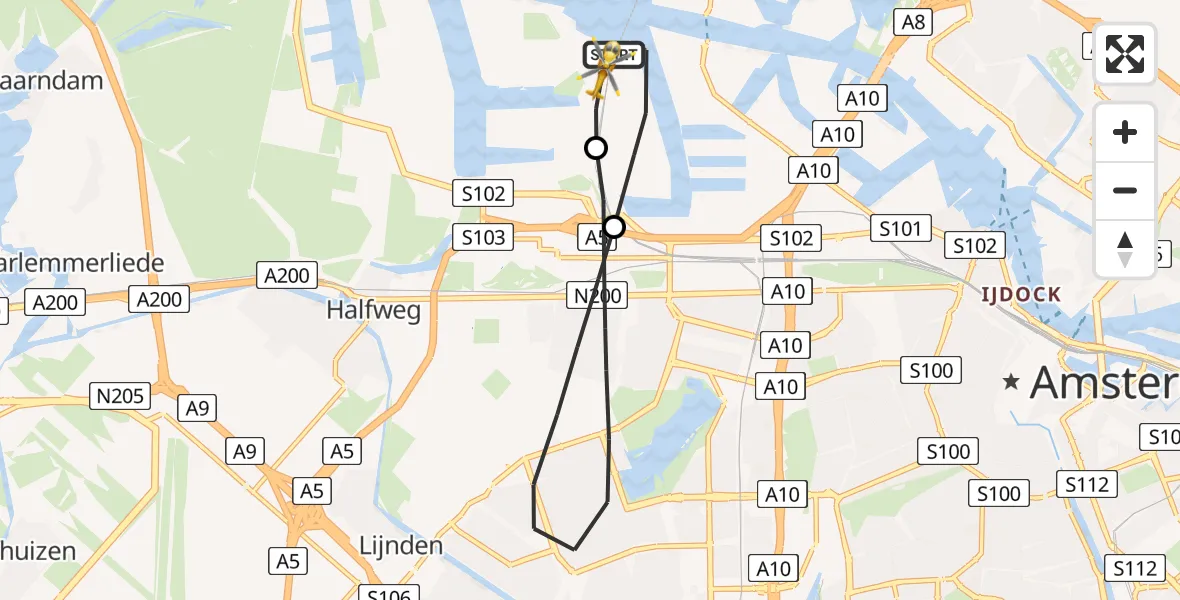 Vluchtroute Traumahelikopter van Amsterdam Heliport naar Amsterdam Heliport