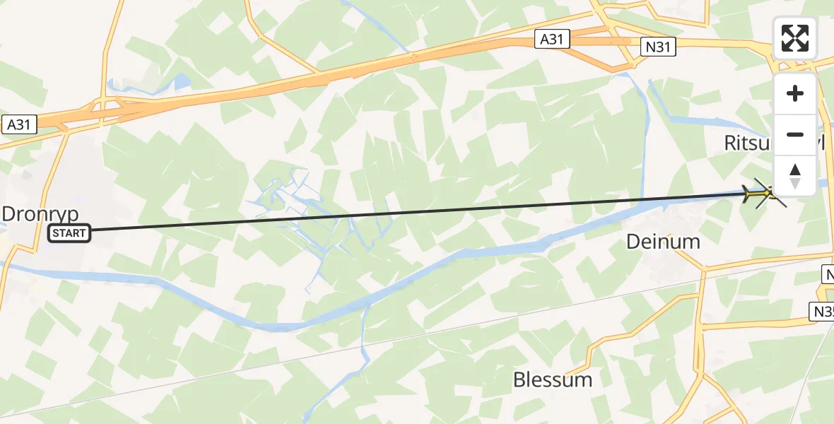 Routekaart van de vlucht: Ambulancehelikopter naar Deinum, Marssumerdyk