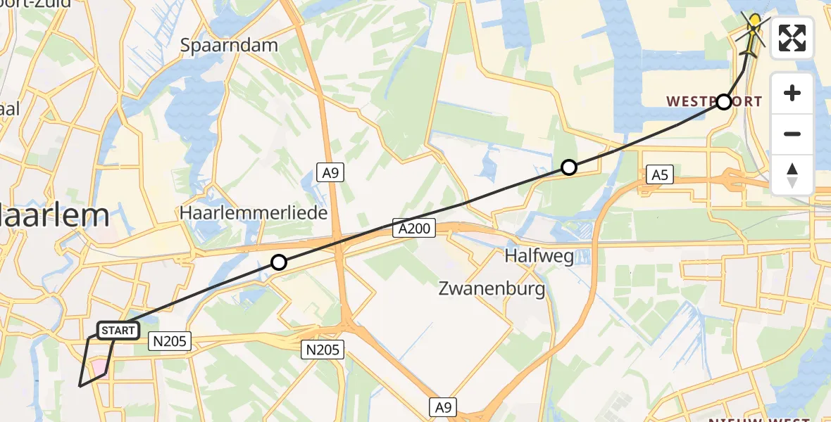 Routekaart van de vlucht: Lifeliner 1 naar Amsterdam Heliport, Frans van der Wielstraat