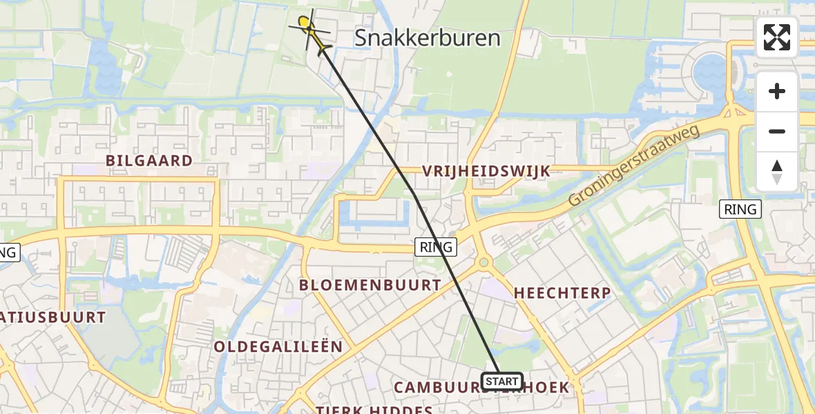 Routekaart van de vlucht: Ambulanceheli naar Leeuwarden, Joram Jorkinsstraat