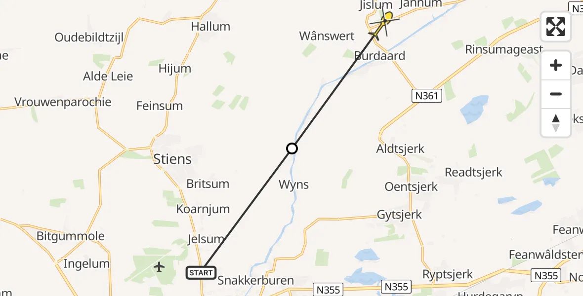Routekaart van de vlucht: Ambulancehelikopter naar Burdaard, Tichelwurk