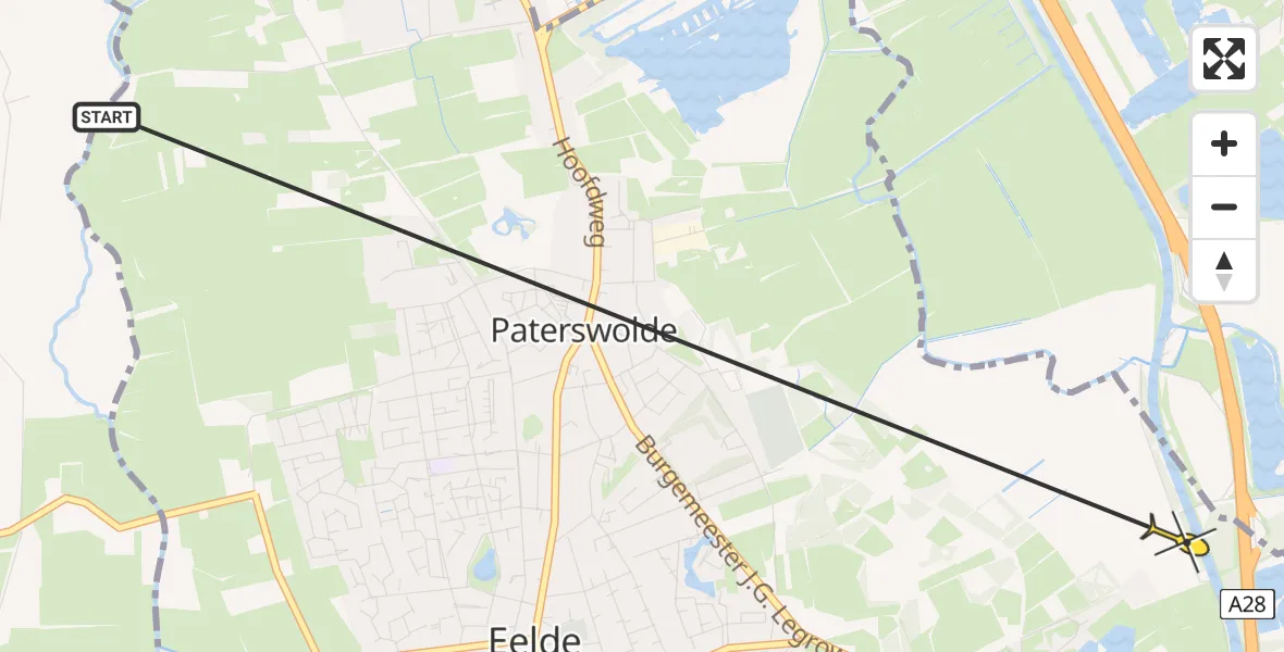 Routekaart van de vlucht: Ambulancehelikopter naar Eelde, Boerlandsdijk