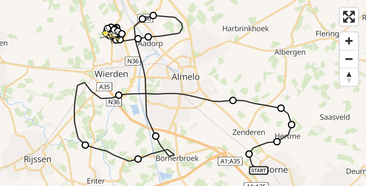Routekaart van de vlucht: Politieheli naar Wierden, Meester Thienweg