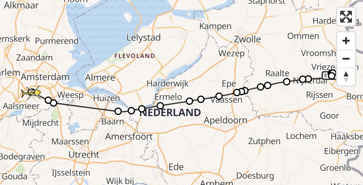 Routekaart van de vlucht: Politieheli naar Schiphol, Bedrijvenpark Twente Noord