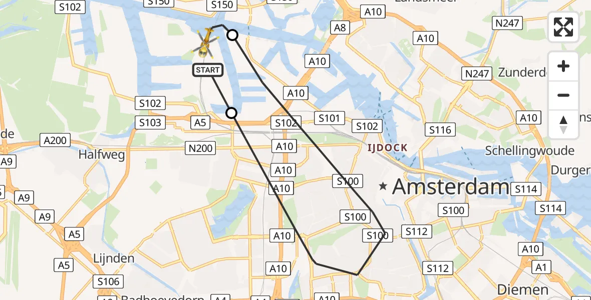 Routekaart van de vlucht: Lifeliner 1 naar Amsterdam Heliport, Moezelhavenweg