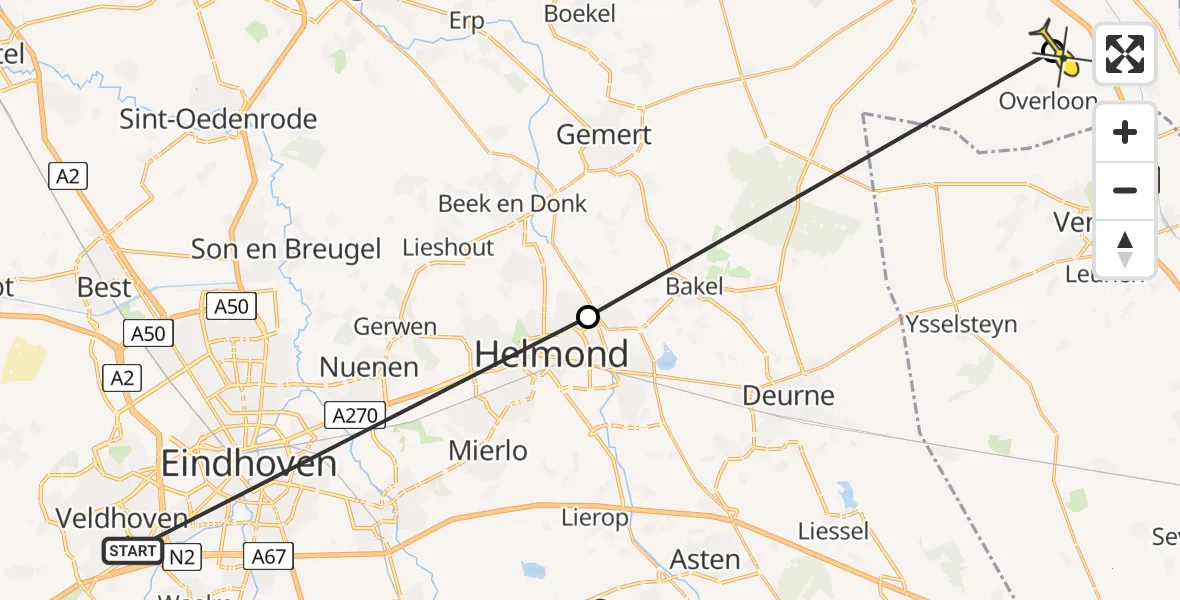 Routekaart van de vlucht: Politieheli naar Overloon, Dorpstraat