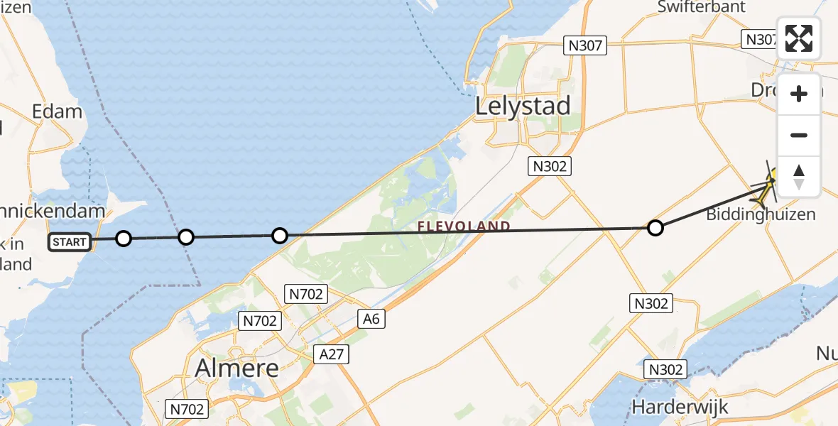 Routekaart van de vlucht: Lifeliner 1 naar Biddinghuizen, Biddingringweg