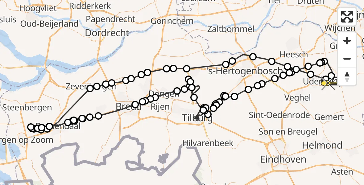 Routekaart van de vlucht: Politieheli naar Vliegbasis Volkel, Trentse Bossen