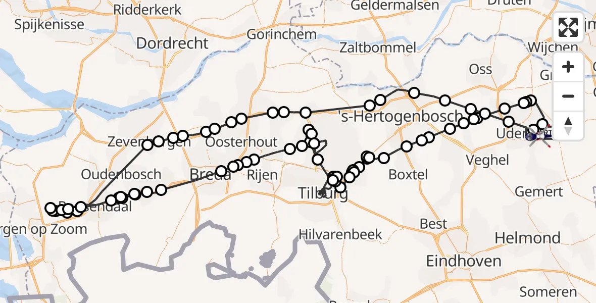Vluchtroute Politiehelikopter van Vliegbasis Volkel naar Vliegbasis Volkel