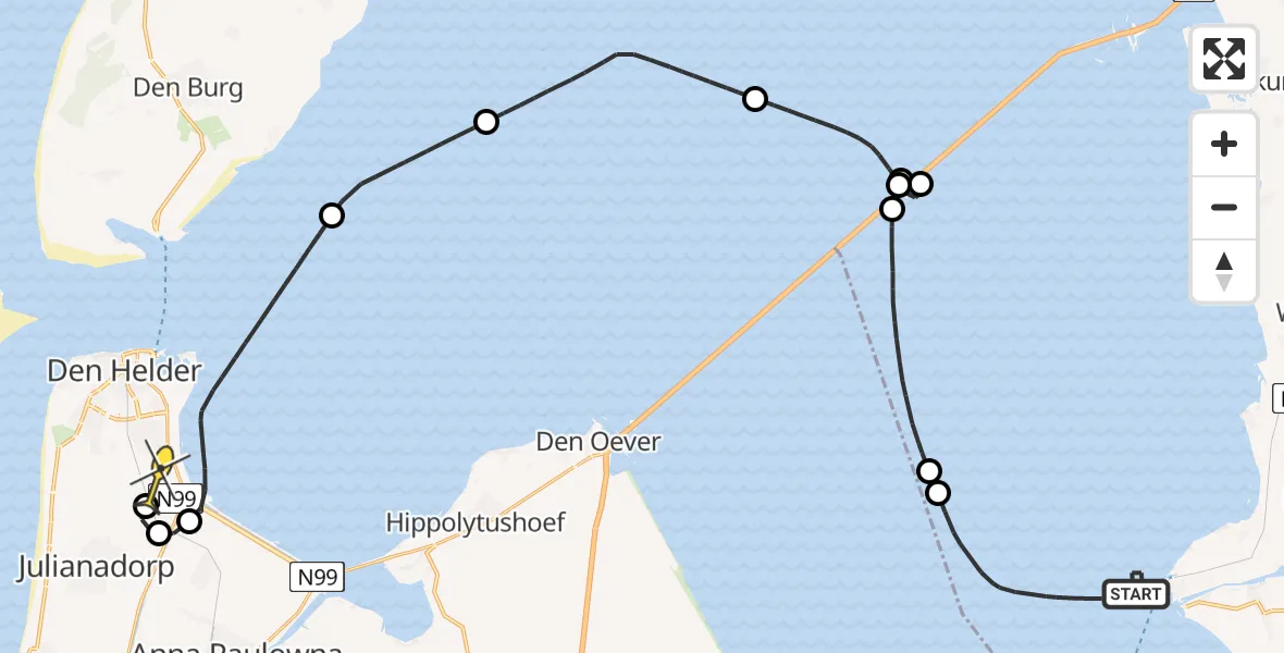 Routekaart van de vlucht: Kustwachthelikopter naar Vliegveld De Kooy, Vaargeul naar Stavoren
