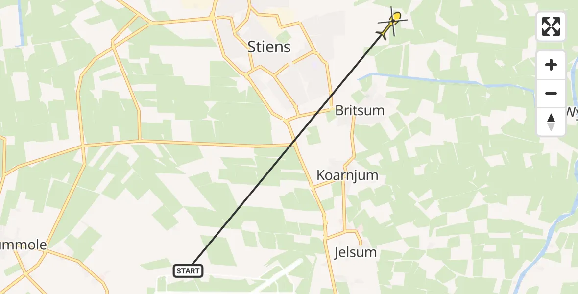 Routekaart van de vlucht: Ambulancehelikopter naar Stiens, Truerderdyk