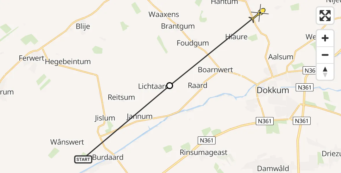 Routekaart van de vlucht: Ambulancehelikopter naar Hantumeruitburen, Flieterpsterdyk