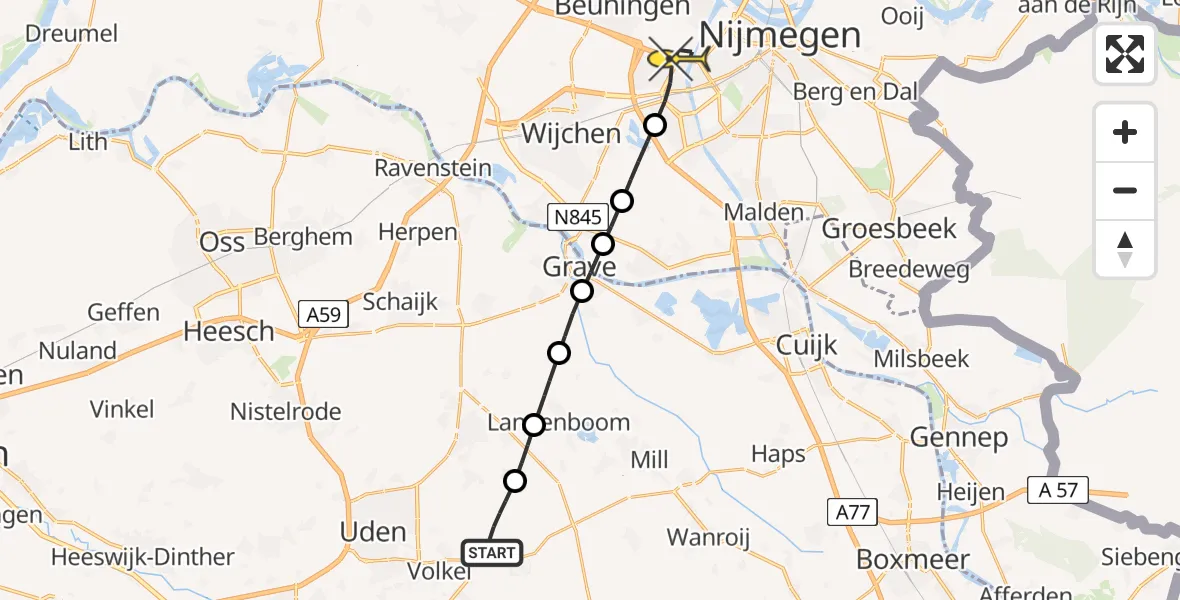 Routekaart van de vlucht: Lifeliner 3 naar Nijmegen, Zeelandsedijk