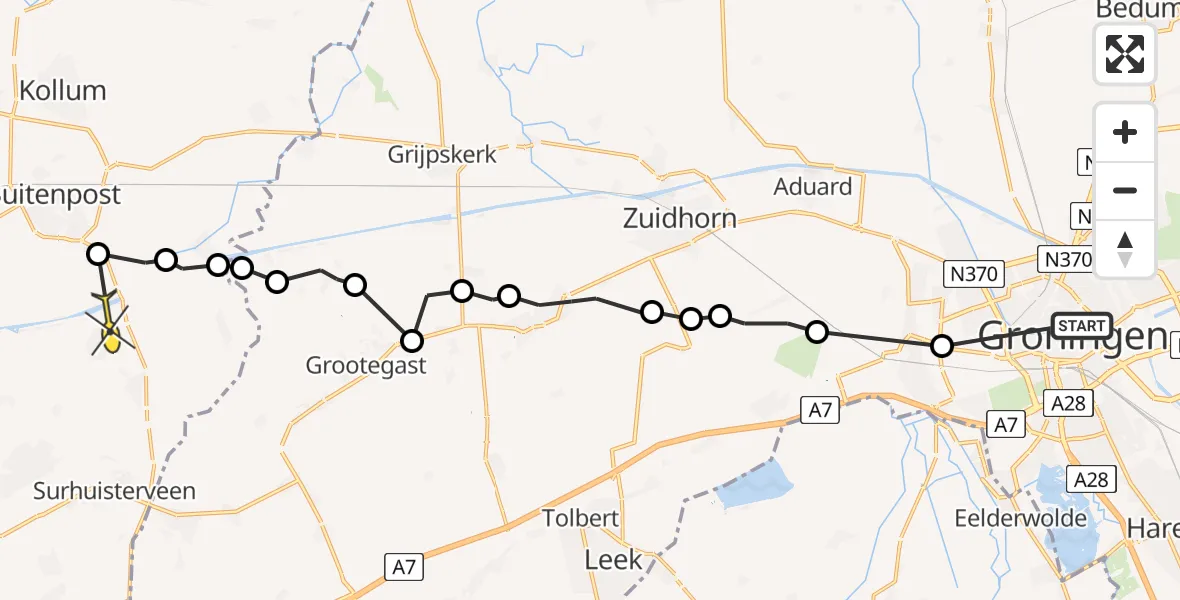 Routekaart van de vlucht: Ambulancehelikopter naar Augustinusga, Hoendiep