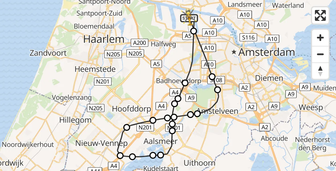 Vluchtroute Traumahelikopter van Amsterdam Heliport naar Amsterdam Heliport