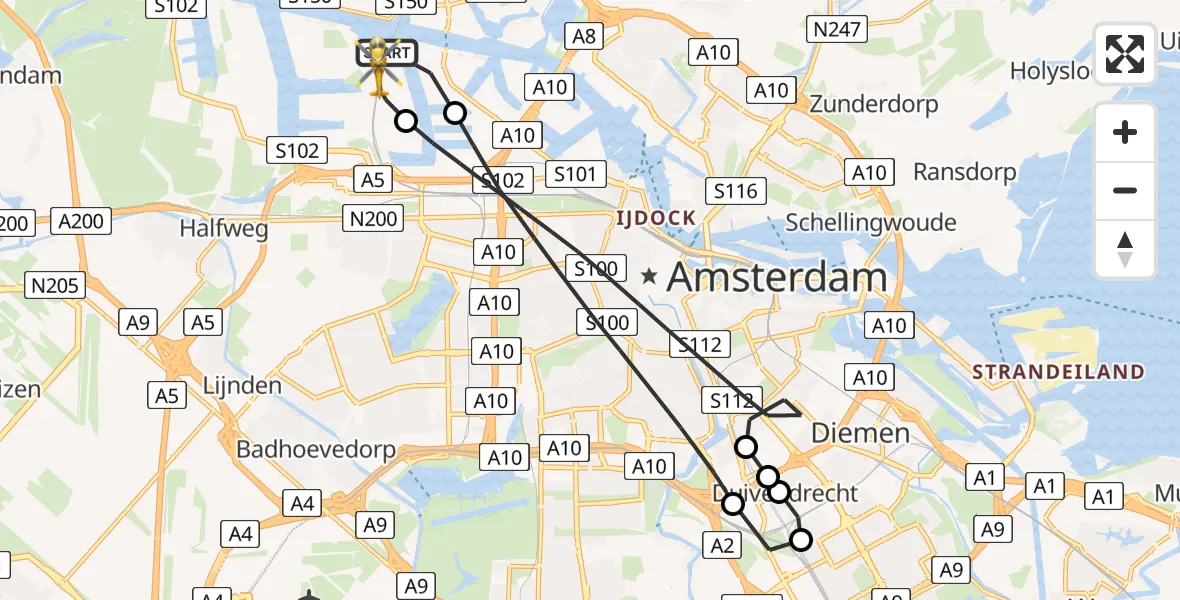 Vluchtroute Traumahelikopter van Amsterdam Heliport naar Amsterdam Heliport
