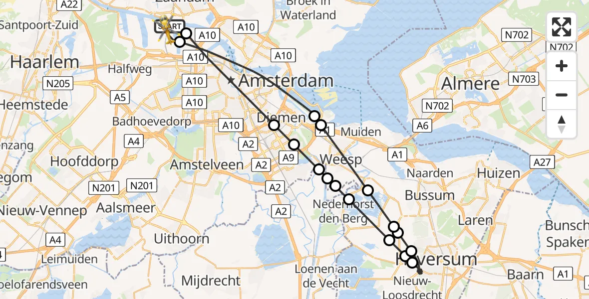 Vluchtroute Traumahelikopter van Amsterdam Heliport naar Amsterdam Heliport